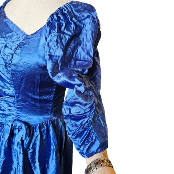 80s Size 8 Blue Formal Dress Gown‎ Prom Shiny Satin Assymetrical Puff Sleeve - Picture 5 of 14